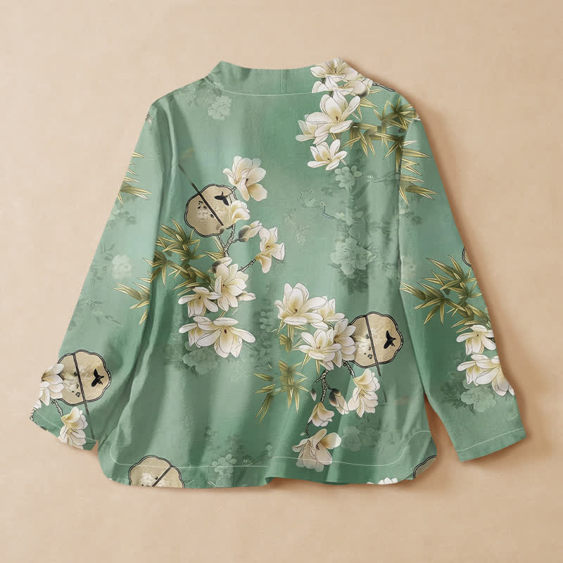 Buddha Stones Baumwoll-Magnolia-Bambus-Fächerdruck Hanfu-Stil Wickelbluse mit V-Ausschnitt und Schnürung Damen Langarmhemd - image 1