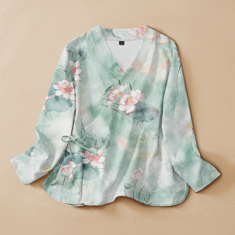Buddha Stones, Baumwoll-Lotusblütenmuster, Hanfu-Stil, Wickelbluse mit V-Ausschnitt und Schnürung, Langarm-Kimono für Damen - Helltürkis - US16, UK/AU20, EU48 (3XL) - image 0
