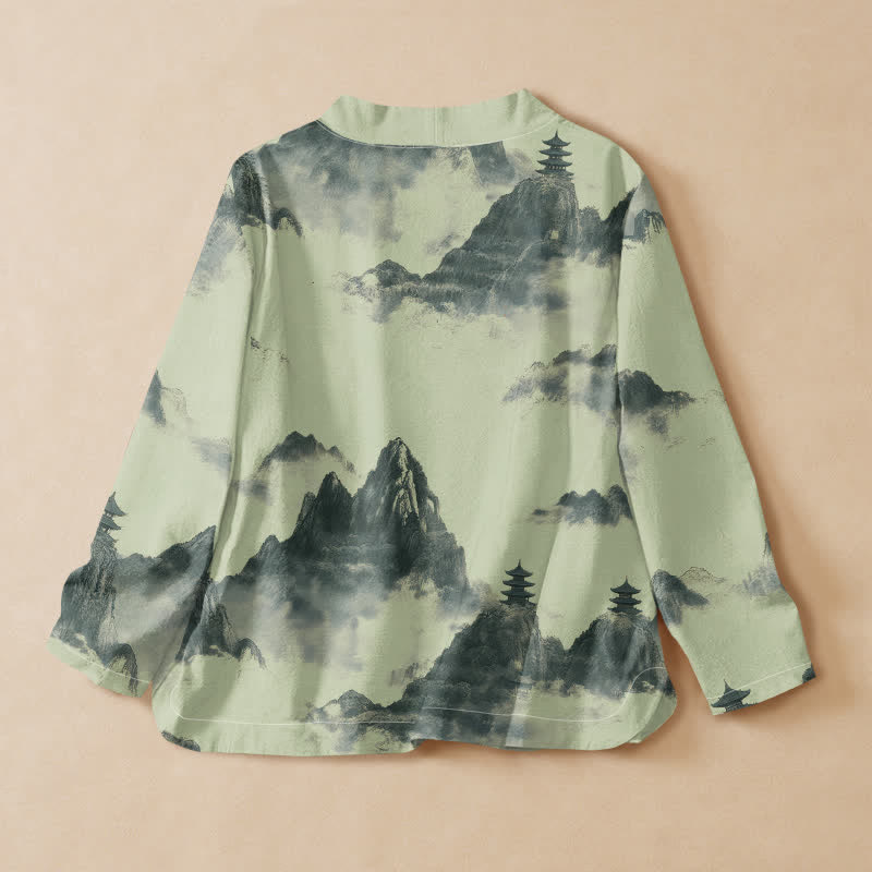 Buddha Stones, Baumwolldruck, Landschafts-Pagodenmuster, Hanfu-Stil, Wickelbluse mit V-Ausschnitt und Schnürung, Langarm-Kimono für Damen - image 1