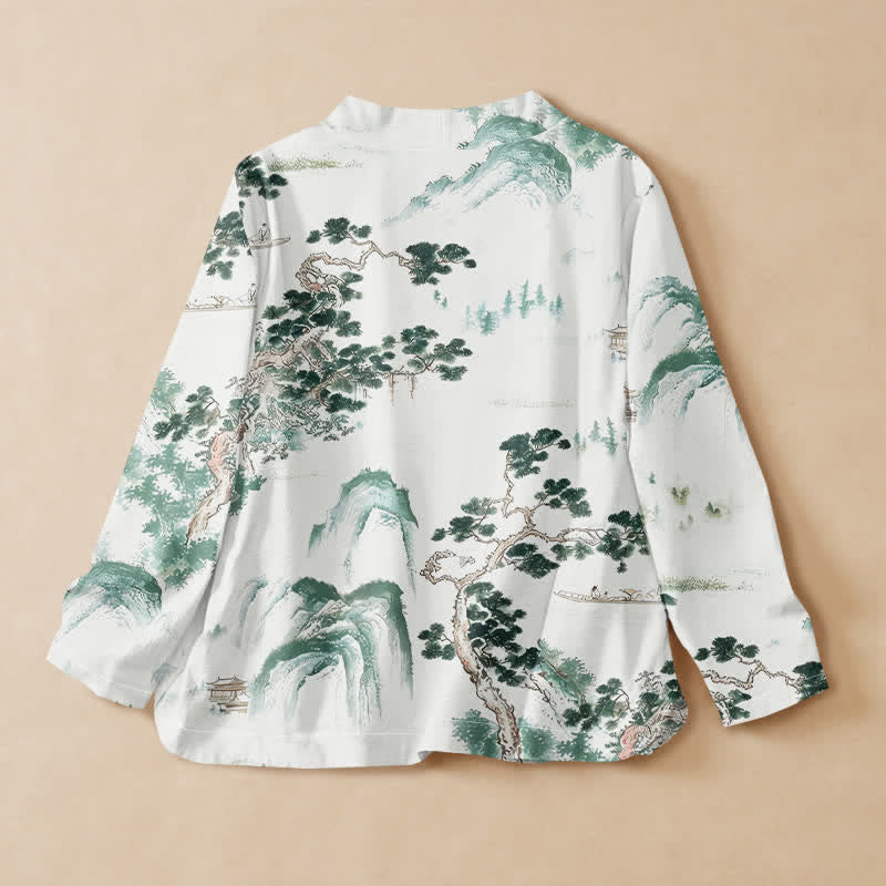 Buddha Stones Baumwollbluse mit Kiefernlandschaftsmuster im Hanfu-Stil, Wickeloptik, V-Ausschnitt und Schnürung, langärmlig, für Damen - image 1