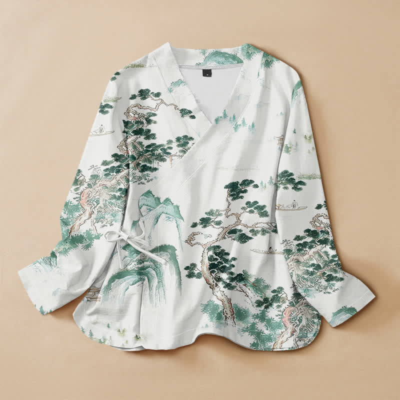 Buddha Stones Baumwollbluse mit Kiefernlandschaftsmuster im Hanfu-Stil, Wickeloptik, V-Ausschnitt und Schnürung, langärmlig, für Damen - Honigmelone - US16, UK/AU20, EU48 (3XL) - image 0