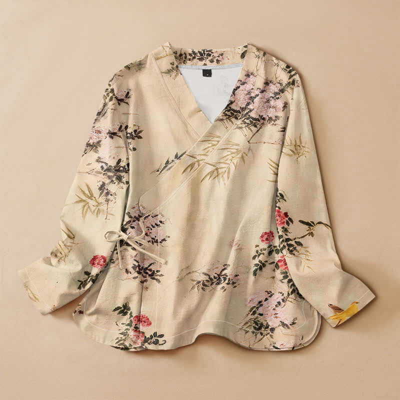 Buddha Stones, Baumwoll-Kimono mit Bambusblütenmuster im Hanfu-Stil, Wickeloptik, V-Ausschnitt und Schnürung, Langarm, Damen - Beige - US16, UK/AU20, EU48 (3XL) - image 0