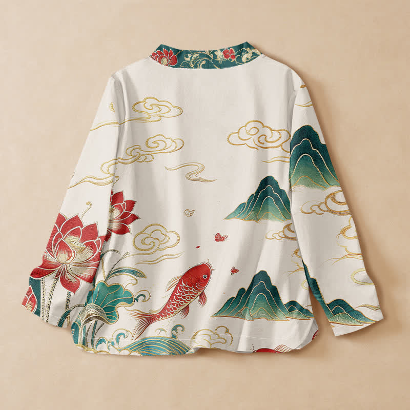 Buddha Stones, Baumwolle, Koi-Lotus-Wolkenmuster, Wickel-Kimono mit V-Ausschnitt und Schnürung, langärmlig - image 1