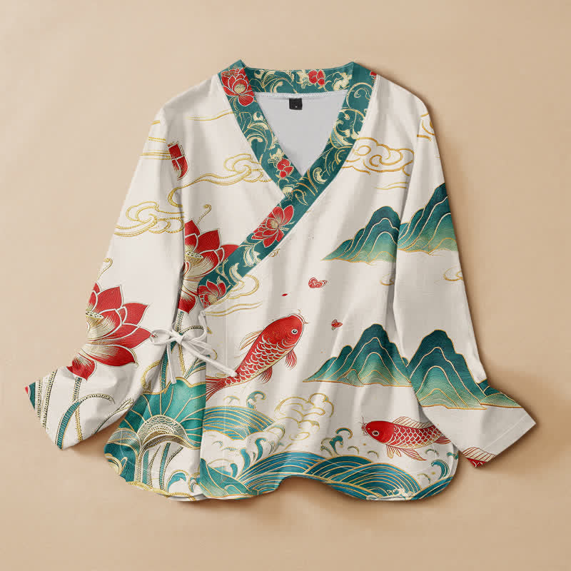 Buddha Stones Baumwoll-Wickelbluse mit Koi-Lotus-Wolkenmuster, V-Ausschnitt und Schnürung, langärmlig, für Damen - Elfenbein - US16, UK/AU20, EU48 (3XL) - image 0