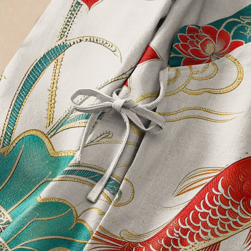 Buddha Stones, Baumwolle, Koi-Lotus-Wolkenmuster, Wickel-Kimono mit V-Ausschnitt und Schnürung, langärmlig - image 3