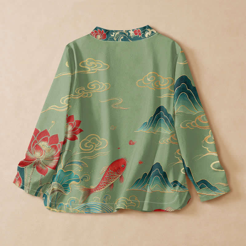 Buddha Stones, Baumwolle, Koi-Lotus-Wolkenmuster, Wickel-Kimono mit V-Ausschnitt und Schnürung, langärmlig - image 6