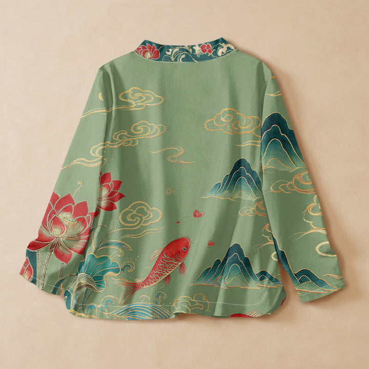 Buddha Stones, Baumwolle, Koi-Lotus-Wolkenmuster, Wickel-Kimono mit V-Ausschnitt und Schnürung, langärmlig - image 6