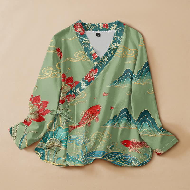 Buddha Stones, Baumwolle, Koi-Lotus-Wolkenmuster, Wickel-Kimono mit V-Ausschnitt und Schnürung, langärmlig - Hellgrün - US16, UK/AU20, EU48 (3XL) - image 5