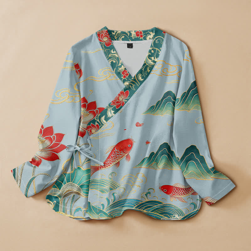 Buddha Stones, Baumwolle, Koi-Lotus-Wolkenmuster, Wickel-Kimono mit V-Ausschnitt und Schnürung, langärmlig - Hellblau - US16, UK/AU20, EU48 (3XL) - image 7