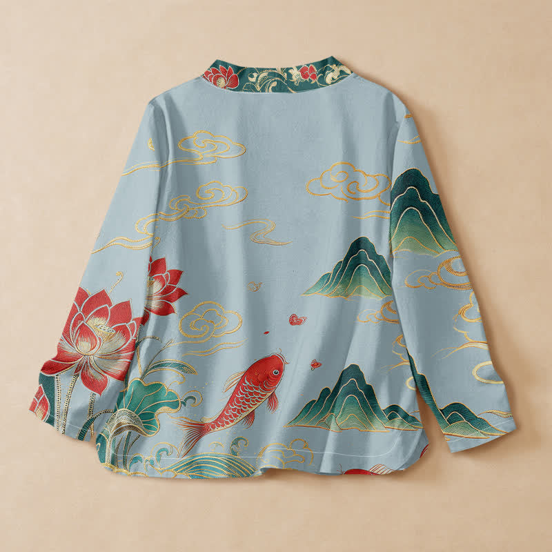 Buddha Stones, Baumwolle, Koi-Lotus-Wolkenmuster, Wickel-Kimono mit V-Ausschnitt und Schnürung, langärmlig - image 8