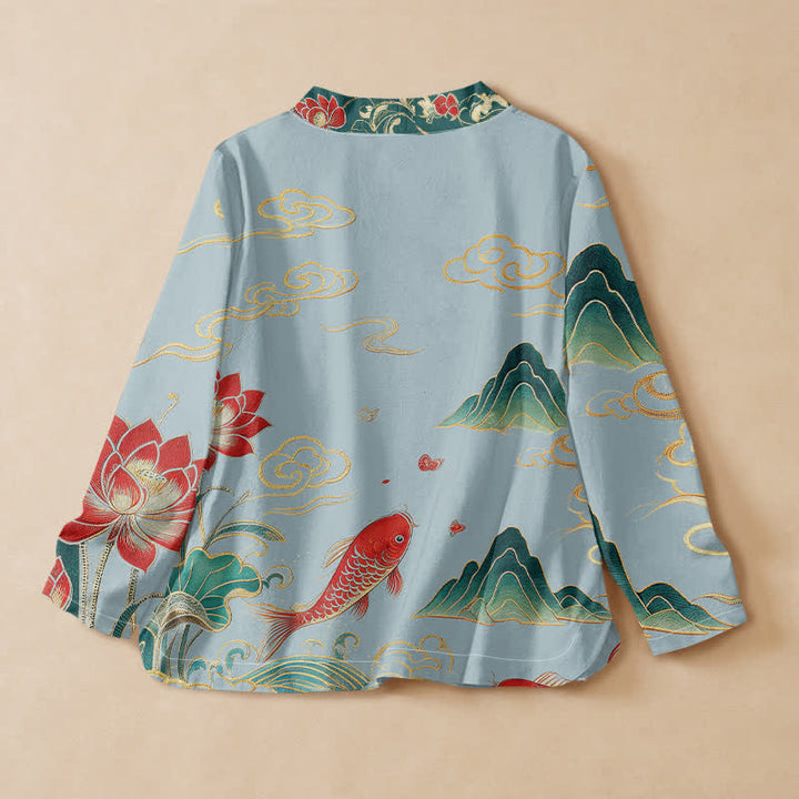 Buddha Stones, Baumwolle, Koi-Lotus-Wolkenmuster, Wickel-Kimono mit V-Ausschnitt und Schnürung, langärmlig - image 8