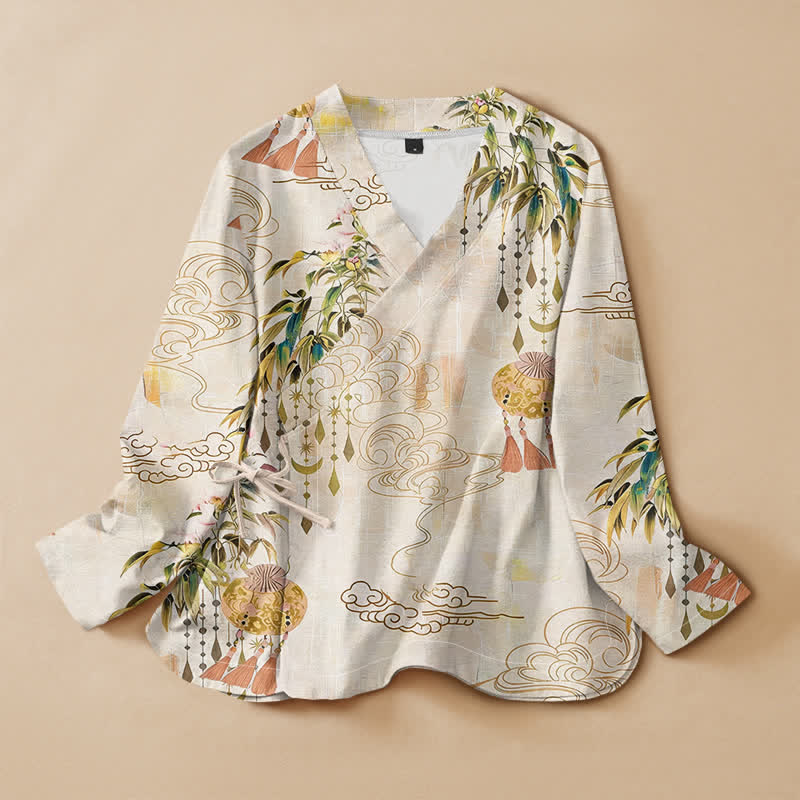Buddha Stones, Baumwoll-Wolkenblatt-Quasten-Print, Hanfu-Stil, Wickel-Kimono mit V-Ausschnitt und Schnürung, Langarm, Damen - Leinen - US16, UK/AU20, EU48 (3XL) - image 0