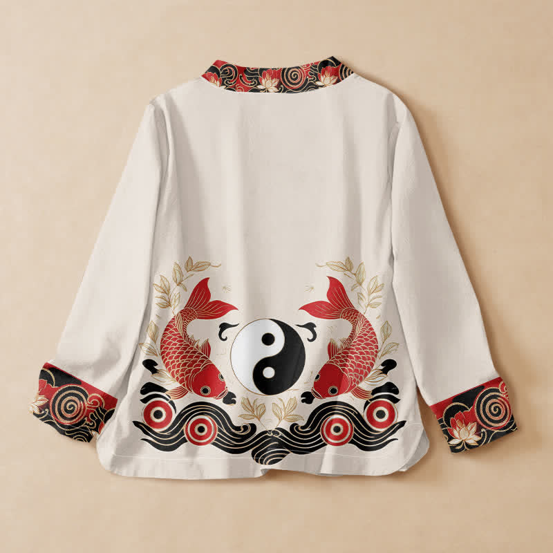 Buddha Stones, Baumwolle, Koi-Fisch, Yin-Yang-Lotus-Print, Hanfu-Stil, Wickelbluse mit V-Ausschnitt und Schnürung, Langarm-Kimono für Damen - image 1