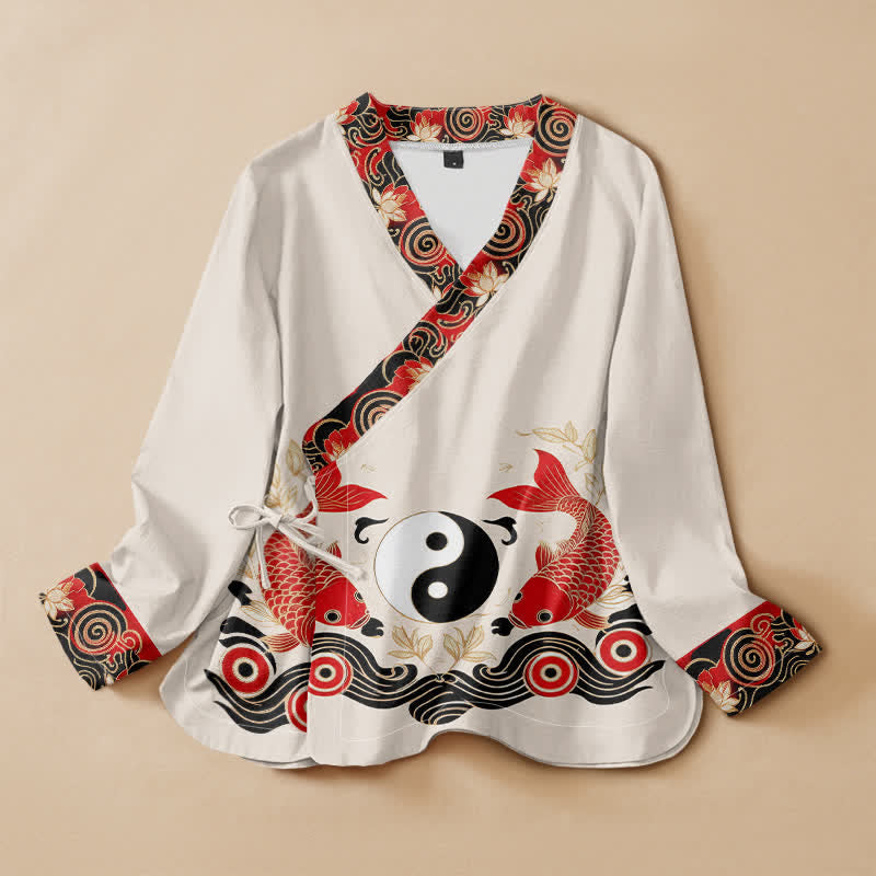 Buddha Stones, Baumwolle, Koi-Fisch, Yin-Yang-Lotus-Print, Hanfu-Stil, Wickelbluse mit V-Ausschnitt und Schnürung, Langarm-Kimono für Damen - Elfenbein - US16, UK/AU20, EU48 (3XL) - image 0
