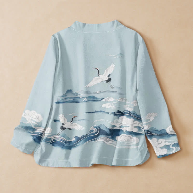 Buddha Stones Langarmshirt aus Baumwolle mit fliegendem Kranich- und Wolkenmuster, Wickeloptik, V-Ausschnitt und Schnürung, Damenbluse - image 1