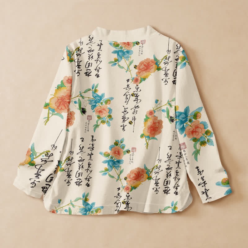 Buddha Stones Baumwollbluse im Hanfu-Stil mit floralem Kalligrafie-Print, Wickeloptik, V-Ausschnitt und Schnürung, Langarmshirt für Damen - image 1