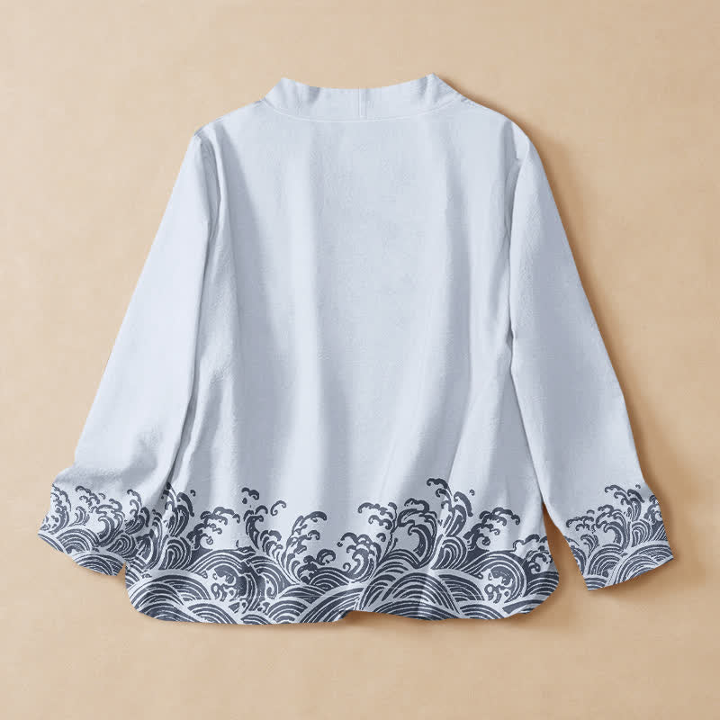 Buddha Stones, Baumwoll-Ozeanwellen-Print, Hanfu-Stil, Wickelbluse mit V-Ausschnitt und Schnürung, Damen-Langarm-Kimono - image 1