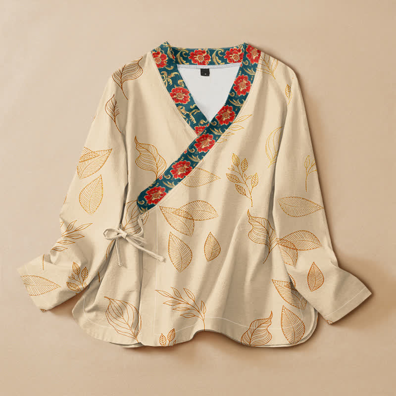 Buddha Stones Baumwollbluse mit goldenem Blatt- und rotem Blumenmuster im Hanfu-Stil, Wickeloptik, V-Ausschnitt und Schnürung, Langarmshirt für Damen - Leinen - US16, UK/AU20, EU48 (3XL) - image 0