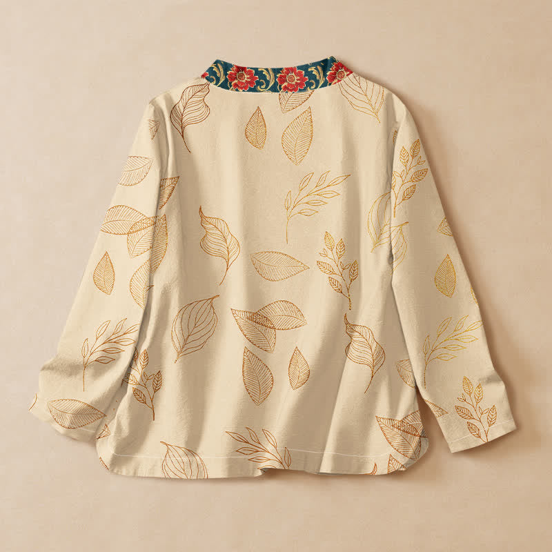 Buddha Stones Baumwollbluse mit goldenem Blatt- und rotem Blumenmuster im Hanfu-Stil, Wickeloptik, V-Ausschnitt und Schnürung, Langarmshirt für Damen - image 1