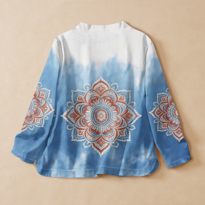 Buddha Stones, Baumwoll-Boho-Mandala-Print, Hanfu-Stil, Wickelbluse mit V-Ausschnitt und Schnürung, Langarm-Kimono für Damen - image 1