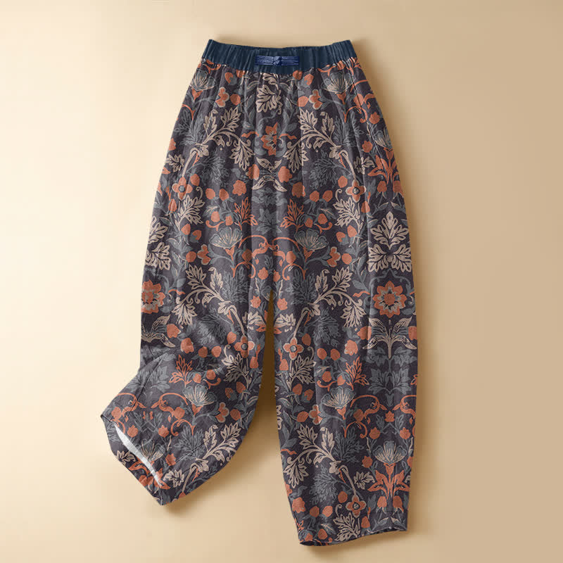 Buddha Stones Damen-Haremshose aus reiner Baumwolle mit böhmischem Blumenrankenmuster, Froschknopfverschluss, elastischem Bund und Taschen - Sattelbraun - US16, UK/AU20, EU48 (3XL) - image 0