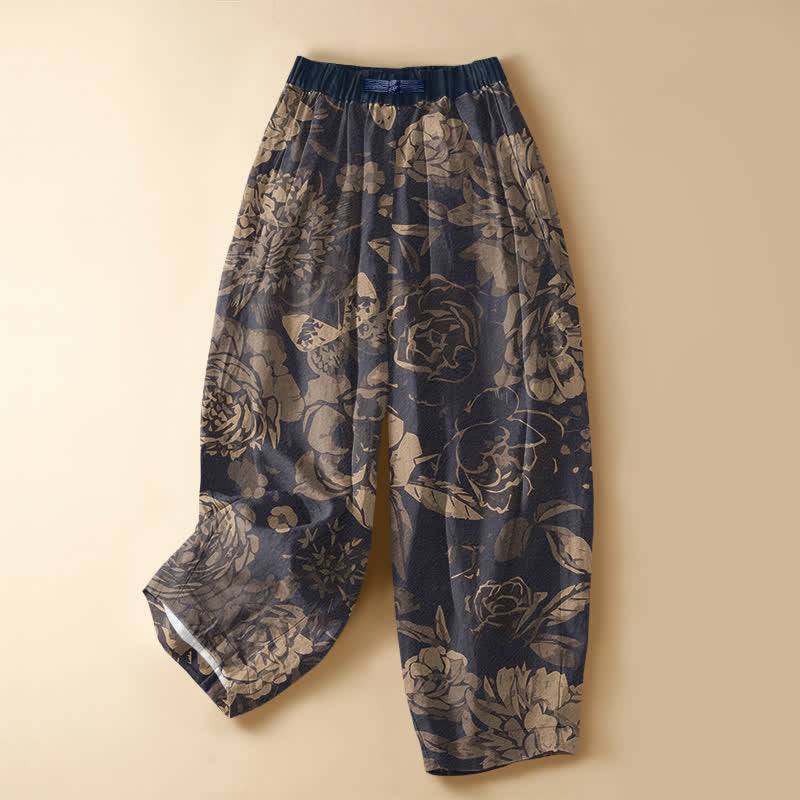 Buddha Stones Haremshose aus reiner Baumwolle mit Pfingstrosen- und Blättermuster, Froschknopfverschluss, elastischem Bund und Taschen - Marine - US16, UK/AU20, EU48 (3XL) - image 0