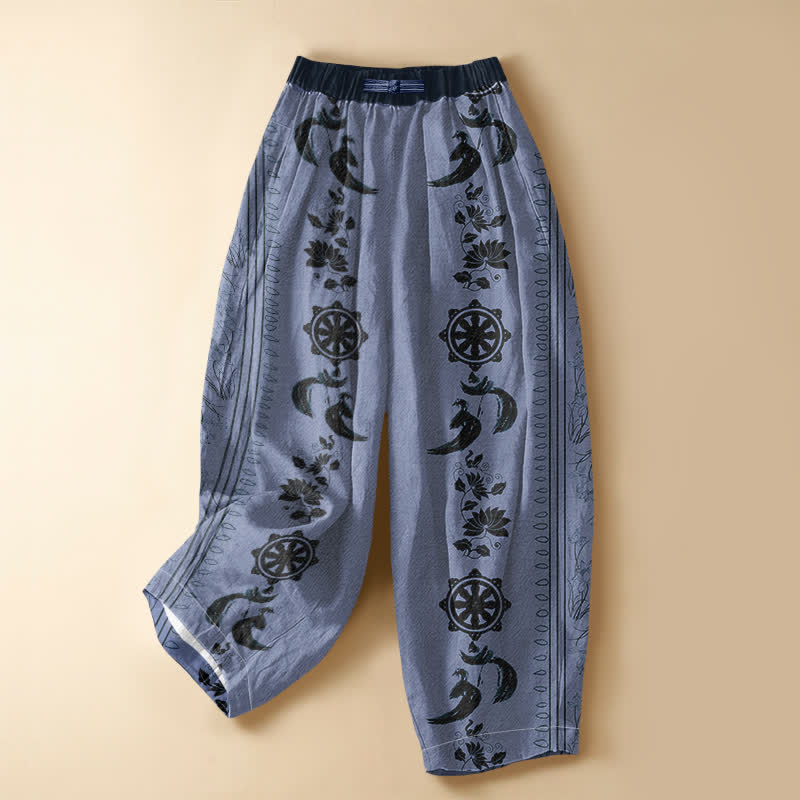 Buddha Stones Ethno-Haremshose aus reiner Baumwolle mit Dharma-Rad-Lotus-OM-Muster, Froschknopfverschluss, elastischem Bund und Taschen - Hellstahlblau - US16, UK/AU20, EU48 (3XL) - image 0