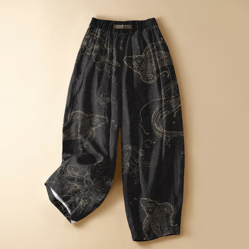 Buddha Stones Damen-Haremshose aus reiner Baumwolle mit Koi-Fisch-Blumenmuster, Froschknopf, elastischem Bund und Taschen - Schwarz - US16, UK/AU20, EU48 (3XL) - image 0