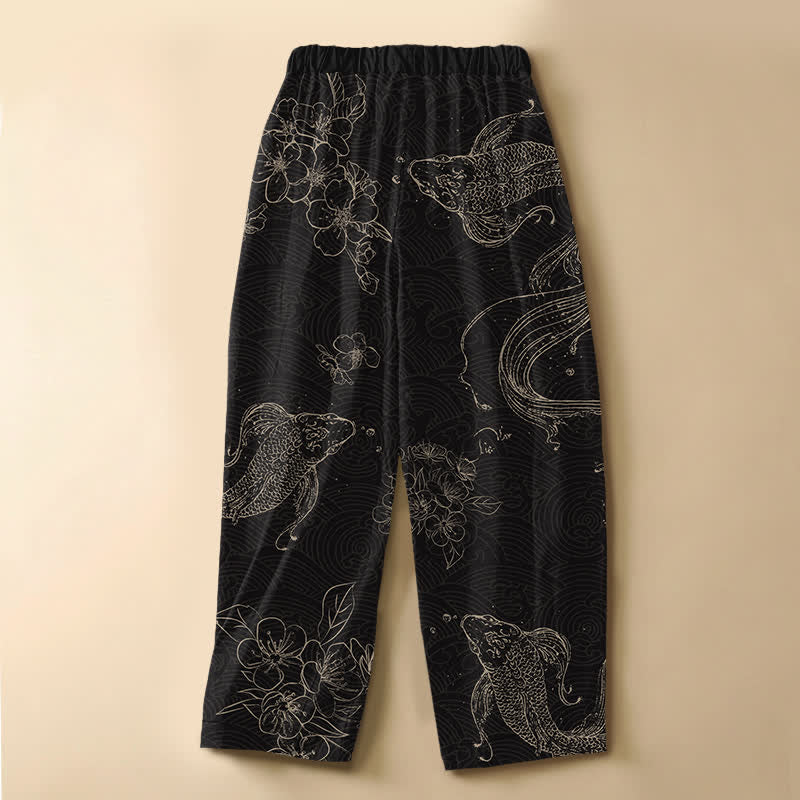 Buddha Stones Damen-Haremshose aus reiner Baumwolle mit Koi-Fisch-Blumenmuster, Froschknopf, elastischem Bund und Taschen - image 1
