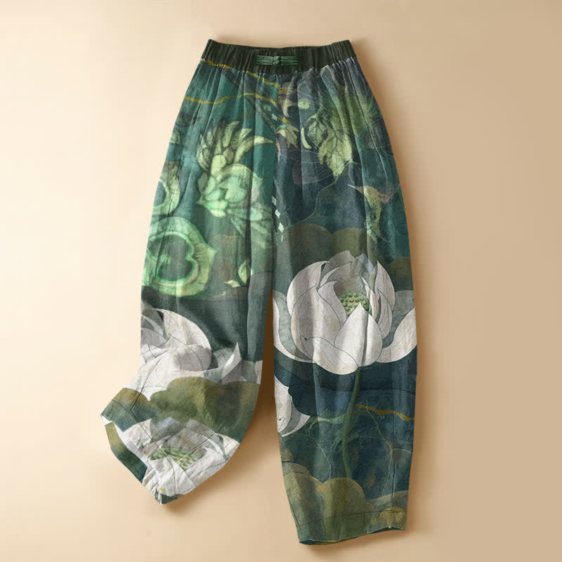 Buddha Stones Damen-Haremshose aus reiner Baumwolle mit weißem Aquarellmuster (Lotusblatt), Froschknopfverschluss, elastischem Bund und Taschen - SeaGreen - US16, UK/AU20, EU48 (3XL) - image 0