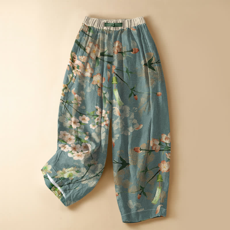 Buddha Stones Haremshose aus reiner Baumwolle mit Sakura-Schwalbenmuster, Froschknopfverschluss, elastischem Bund und Taschen - Kadettenblau - US16, UK/AU20, EU48 (3XL) - image 0