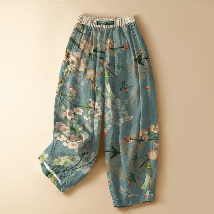 Buddha Stones Haremshose aus reiner Baumwolle mit Sakura-Schwalbenmuster, Froschknopfverschluss, elastischem Bund und Taschen - Kadettenblau - US16, UK/AU20, EU48 (3XL) - image 0