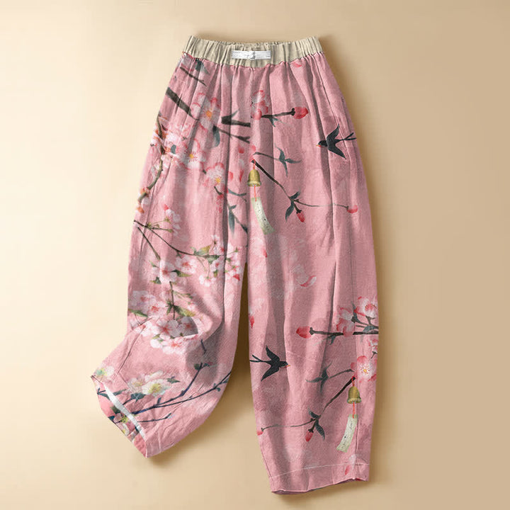 Buddha Stones Haremshose aus reiner Baumwolle mit Sakura-Schwalbenmuster, Froschknopfverschluss, elastischem Bund und Taschen - Hellrosa - US16, UK/AU20, EU48 (3XL) - image 5
