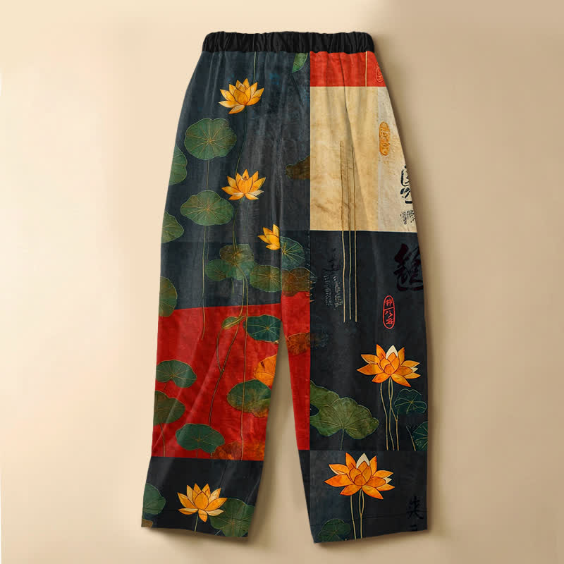 Buddha Stones Damen-Haremshose aus reiner Baumwolle mit Vintage-Lotus-Patchworkmuster, Froschknopfverschluss, elastischem Bund und Taschen - image 1