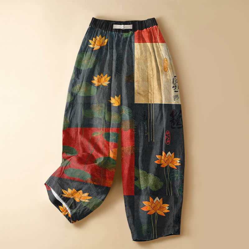 Buddha Stones Damen-Haremshose aus reiner Baumwolle mit Vintage-Lotus-Patchworkmuster, Froschknopfverschluss, elastischem Bund und Taschen - SteelBlue - US16, UK/AU20, EU48 (3XL) - image 0