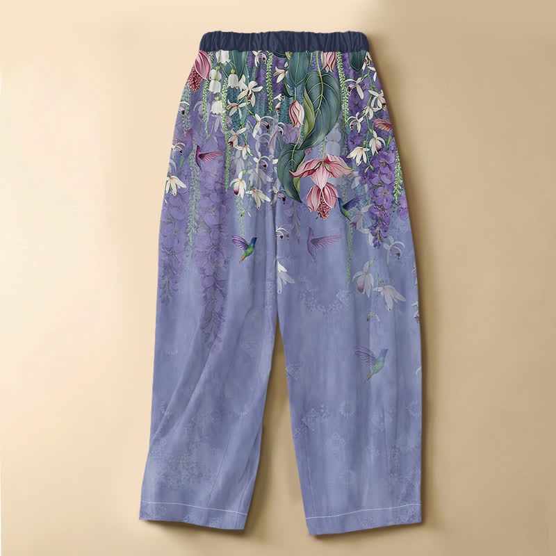 Buddha Stones Damen-Haremshose aus reiner Baumwolle mit Aquarell-Blumenmuster, Kolibri-Verzierung, Froschknopfverschluss, elastischem Bund und Taschen - image 1