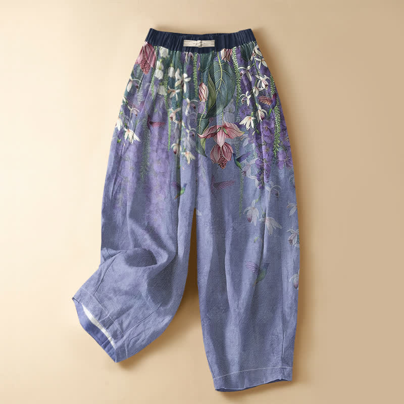 Buddha Stones Damen-Haremshose aus reiner Baumwolle mit Aquarell-Blumenmuster, Kolibri-Verzierung, Froschknopfverschluss, elastischem Bund und Taschen - Mittelschieferblau - US16, UK/AU20, EU48 (3XL) - image 0