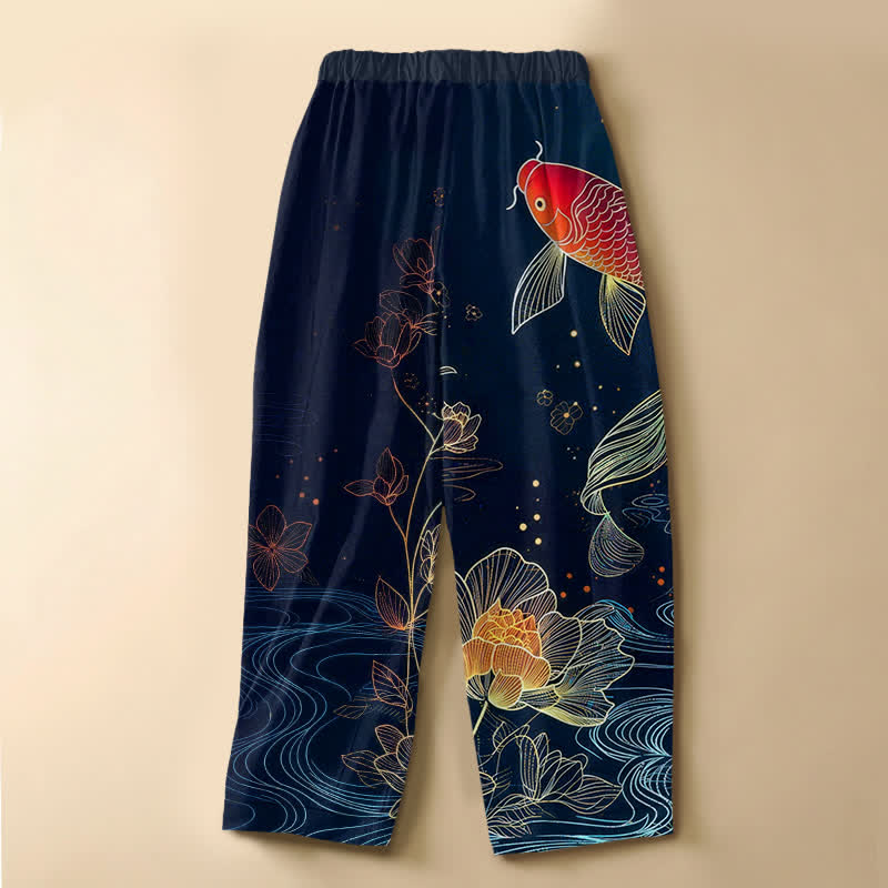 Buddha Stones Damen-Haremshose aus reiner Baumwolle mit Vintage-Muster, rotem Koi-Fisch und Lotusblüten, Froschknopf, elastischem Bund und Taschen - image 1