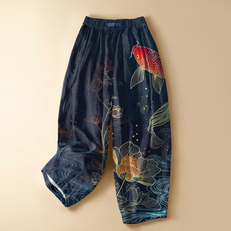 Buddha Stones Damen-Haremshose aus reiner Baumwolle mit Vintage-Muster, rotem Koi-Fisch und Lotusblüten, Froschknopf, elastischem Bund und Taschen - Marine - US16, UK/AU20, EU48 (3XL) - image 0