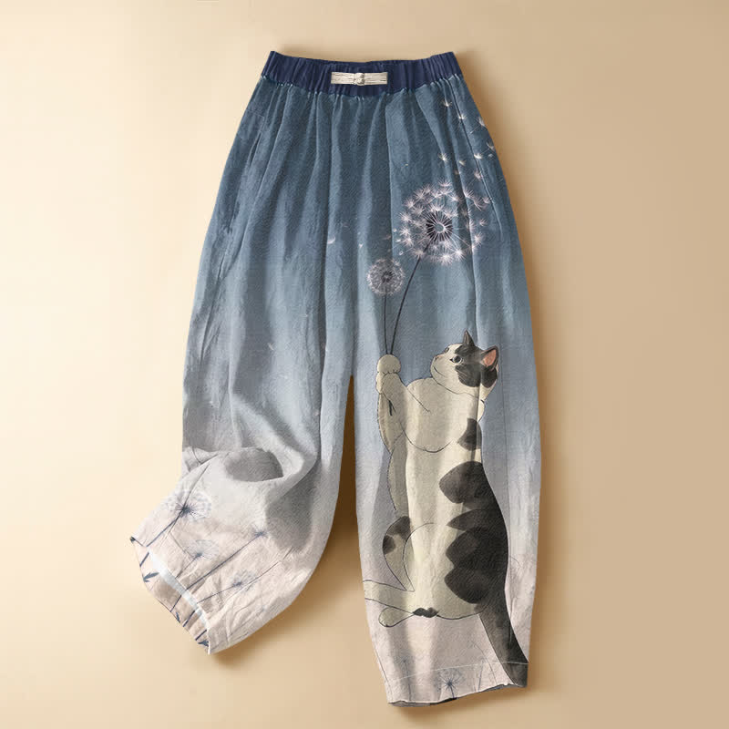 Buddha Stones Haremshose aus reiner Baumwolle mit verspieltem Katzen- und Löwenzahnmuster, Froschknopf, elastischem Bund und Taschen - SteelBlue - US16, UK/AU20, EU48 (3XL) - image 0