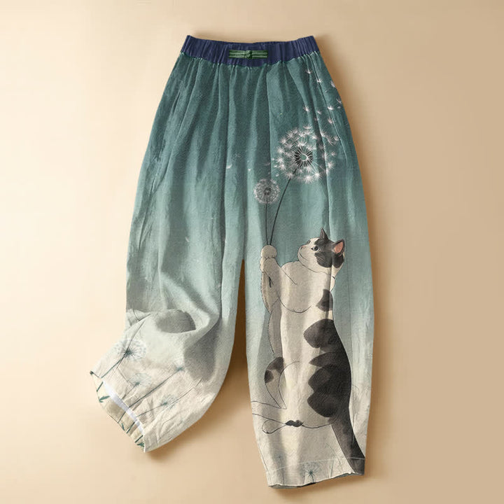 Buddha Stones Haremshose aus reiner Baumwolle mit verspieltem Katzen- und Löwenzahnmuster, Froschknopf, elastischem Bund und Taschen - Türkis - US16, UK/AU20, EU48 (3XL) - image 7