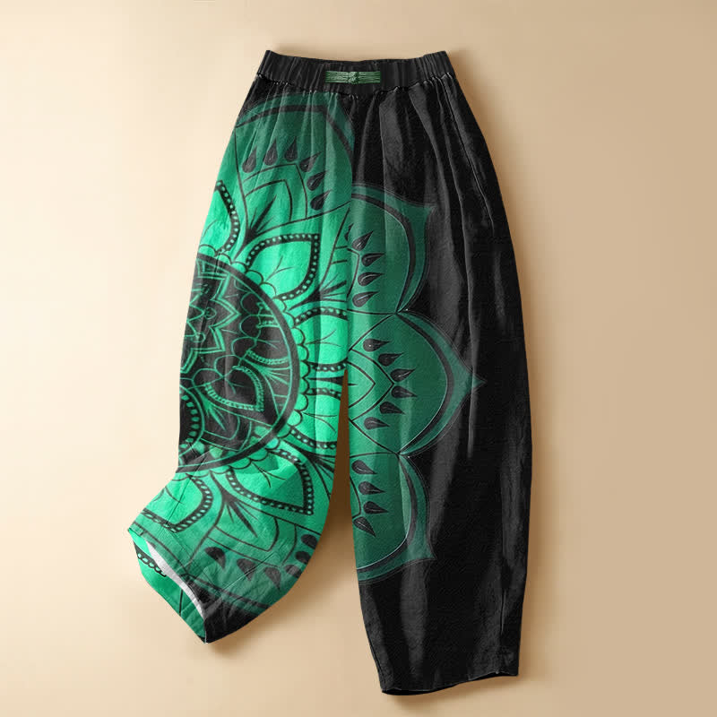 Buddha Stones Damen-Haremshose aus reiner Baumwolle mit böhmischem Mandala-Blumenmuster, Froschknopfverschluss, elastischem Bund und Taschen - Schwarz - US16, UK/AU20, EU48 (3XL) - image 0