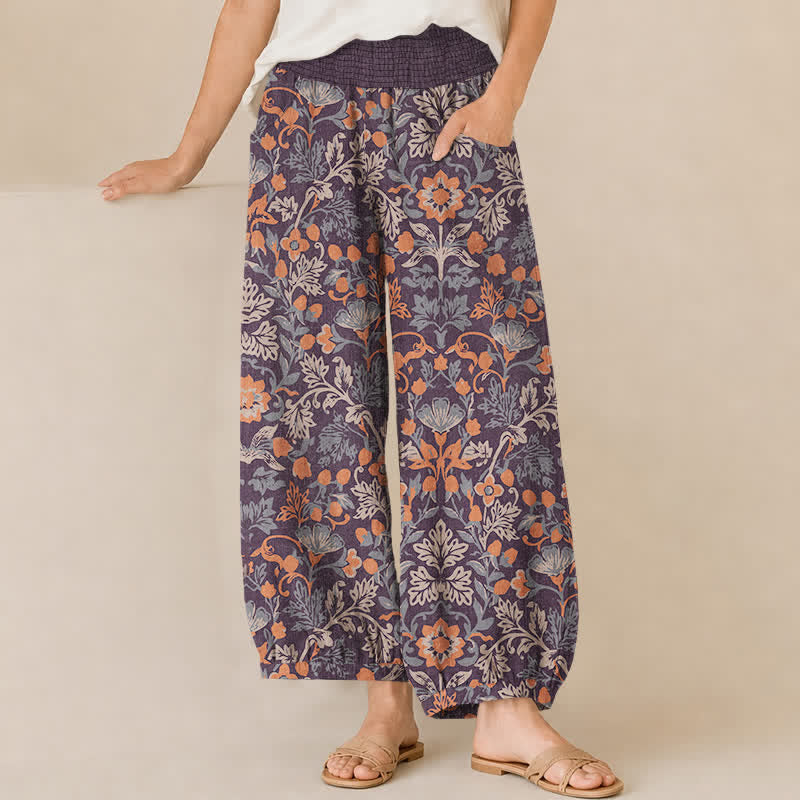Buddha Stones Damen-Haremshose aus Baumwolle mit floralem Rankenmuster, Falten und elastischem Bund, Taschen - Sattelbraun - US16, UK/AU20, EU48 (3XL) - image 0