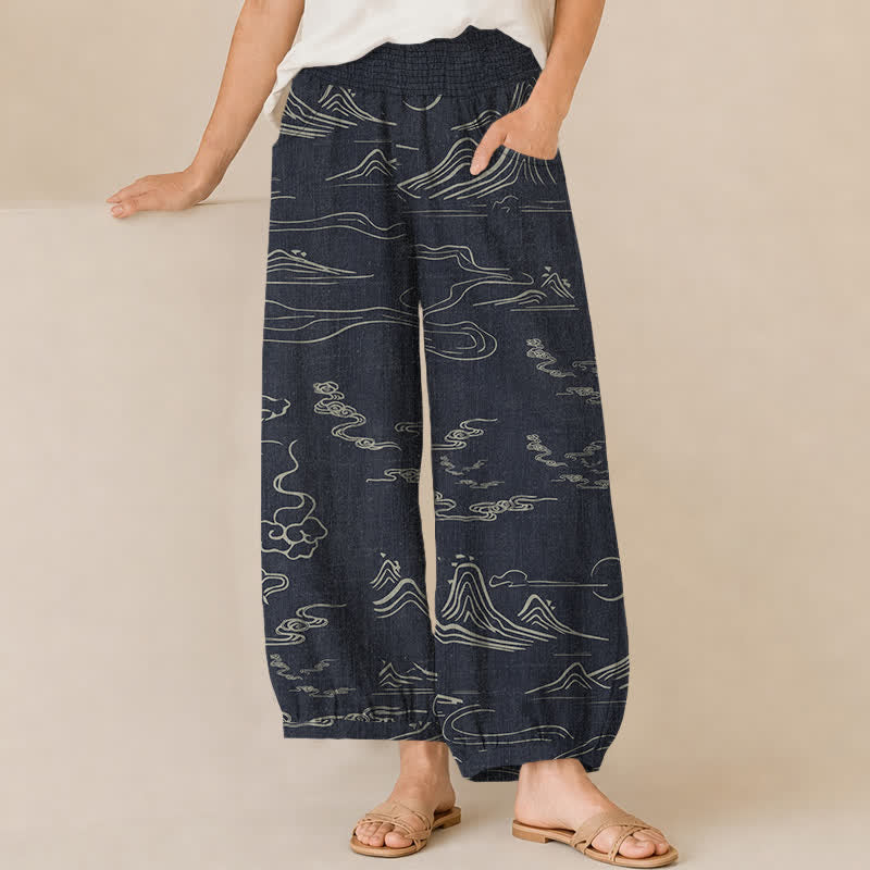 Buddha Stones Baumwoll-Haremshose für Damen mit Taschen, verziert mit dem Muster „Bergmond, Glückswolken“, Falten und elastischem Bund - Schwarz - US16, UK/AU20, EU48 (3XL) - image 0