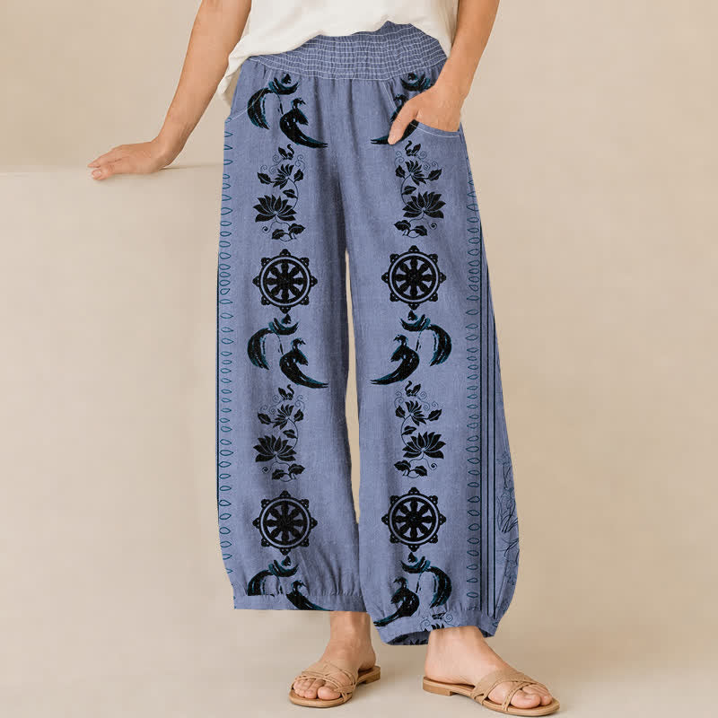 Buddha Stones Baumwoll-Haremshose mit Lotus-OM-Muster, Falten und elastischem Bund, Taschen und Dharma-Rad-Lotus-OM-Muster - Kornblumenblau - US16, UK/AU20, EU48 (3XL) - image 0