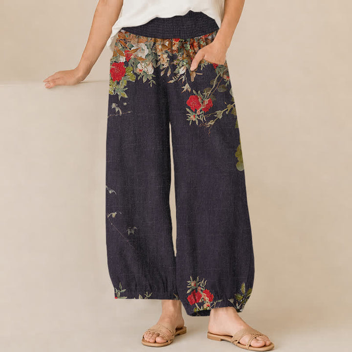 Buddha Stones Baumwoll-Haremshose für Damen mit rotem, geblümtem Boho-Muster, Falten, elastischem Bund und Taschen - Schwarz - US16, UK/AU20, EU48 (3XL) - image 0