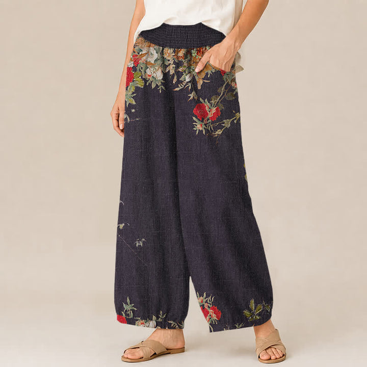 Buddha Stones Baumwoll-Haremshose für Damen mit rotem, geblümtem Boho-Muster, Falten, elastischem Bund und Taschen - image 1