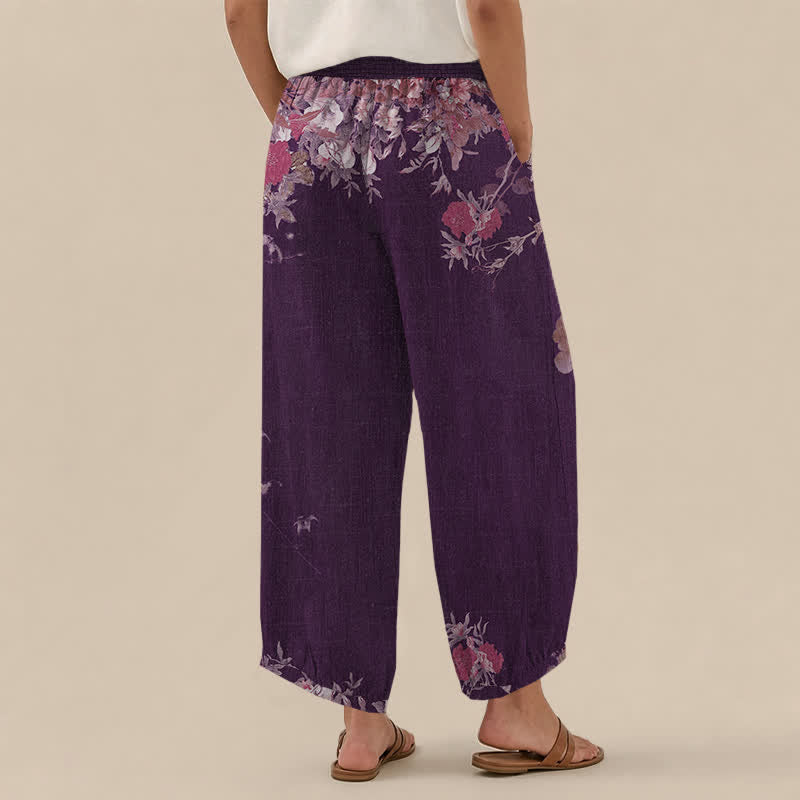 Buddha Stones Baumwoll-Haremshose für Damen mit rotem, geblümtem Boho-Muster, Falten, elastischem Bund und Taschen - image 8