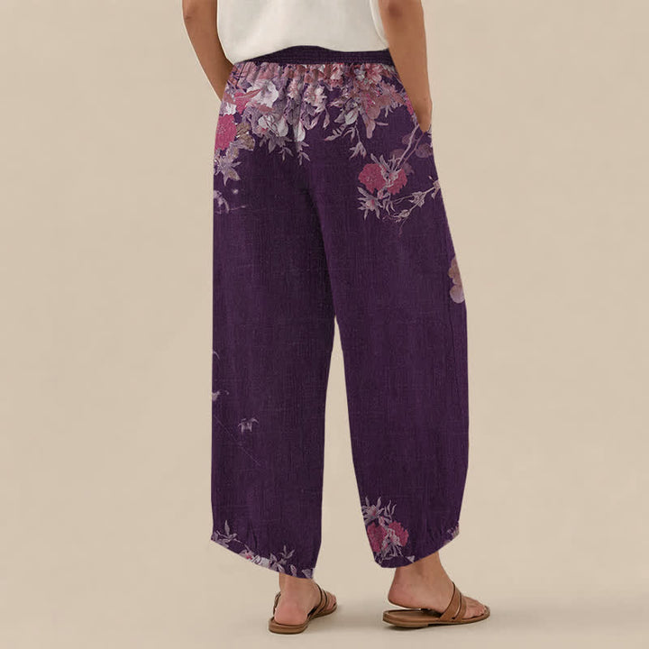 Buddha Stones Baumwoll-Haremshose für Damen mit rotem, geblümtem Boho-Muster, Falten, elastischem Bund und Taschen - image 8