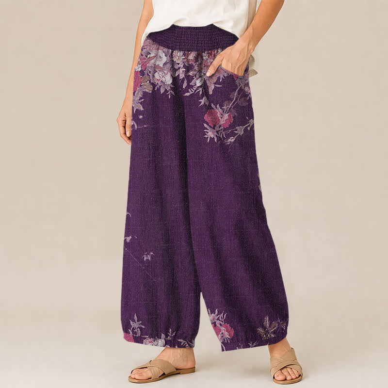 Buddha Stones Baumwoll-Haremshose für Damen mit rotem, geblümtem Boho-Muster, Falten, elastischem Bund und Taschen - image 7